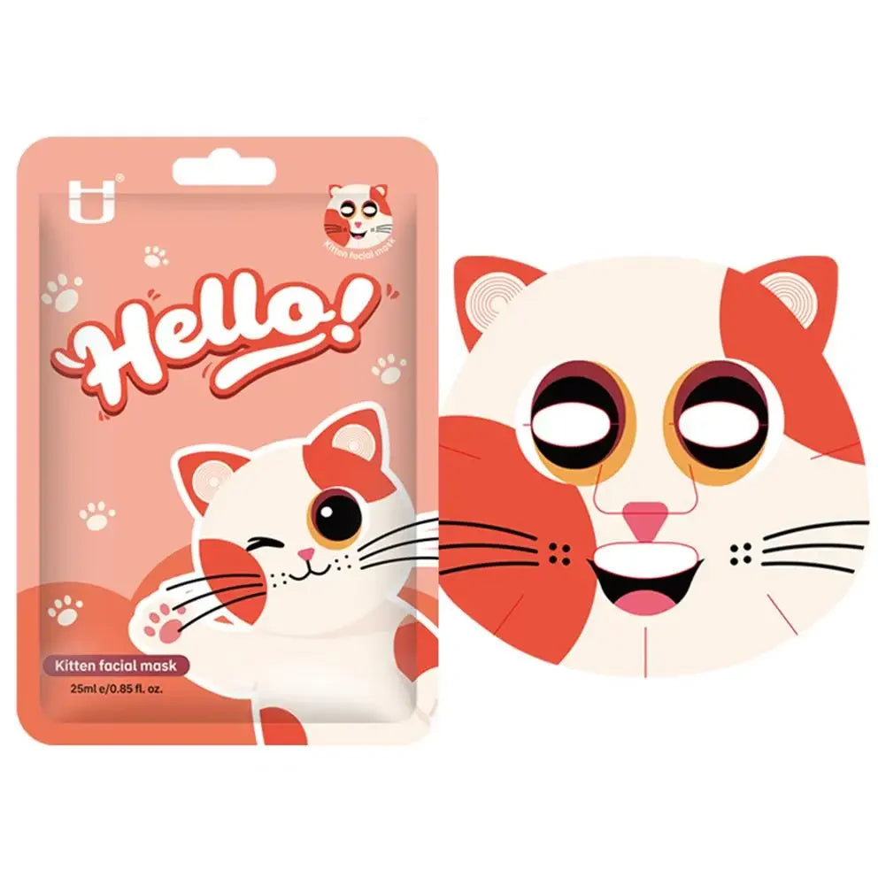Cute Animal Character Sheet Masks, Deep Moisturizing Soothing Face Masks for Kids Teens Women Girls Night Party Skin Care Spa Peaceful Pleasures Health and Wellness kitten-1PC