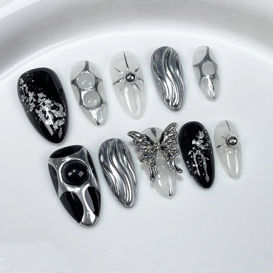 3D Butterfly Press On Nails – Black Silver Almond False Nails Press On Nails Peaceful Pleasures Health and Wellness