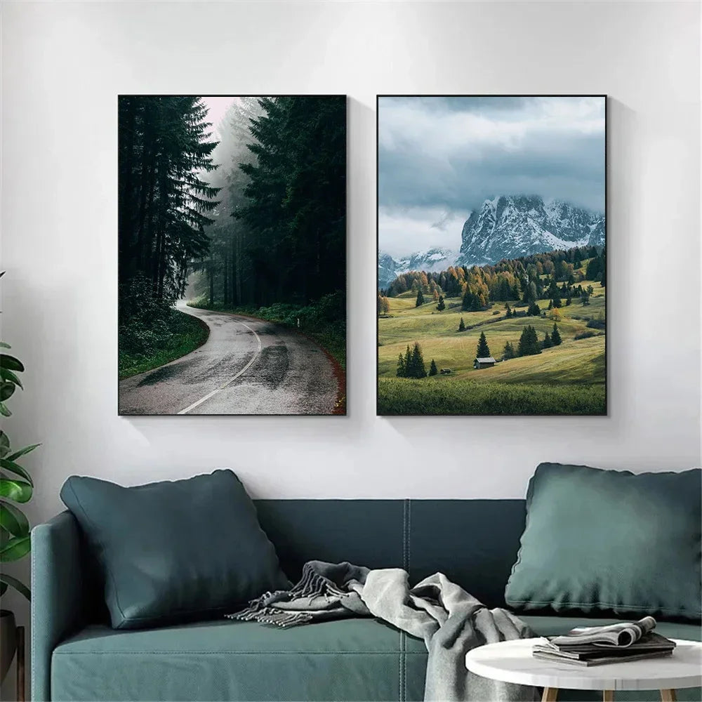 Dark Green Forest Foggy Mountain Canvas Wall Art | Nature Print