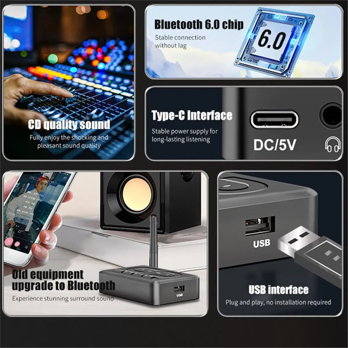 Bluetooth 6.0 Receiver – AUX RCA USB Wireless Audio Adapter Peaceful Pleasures Health and Wellness