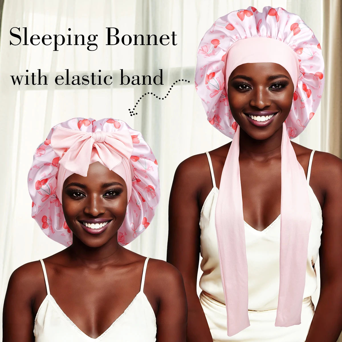 Adjustable Satin Sleep Bonnet Cherry Pattern | Hair Cap with Bow