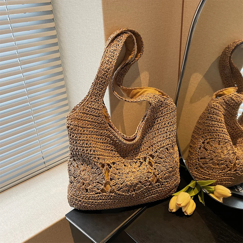 Large Woven Straw Beach Bag – Zipper Shoulder Tote for Women Peaceful Pleasures Health and Wellness