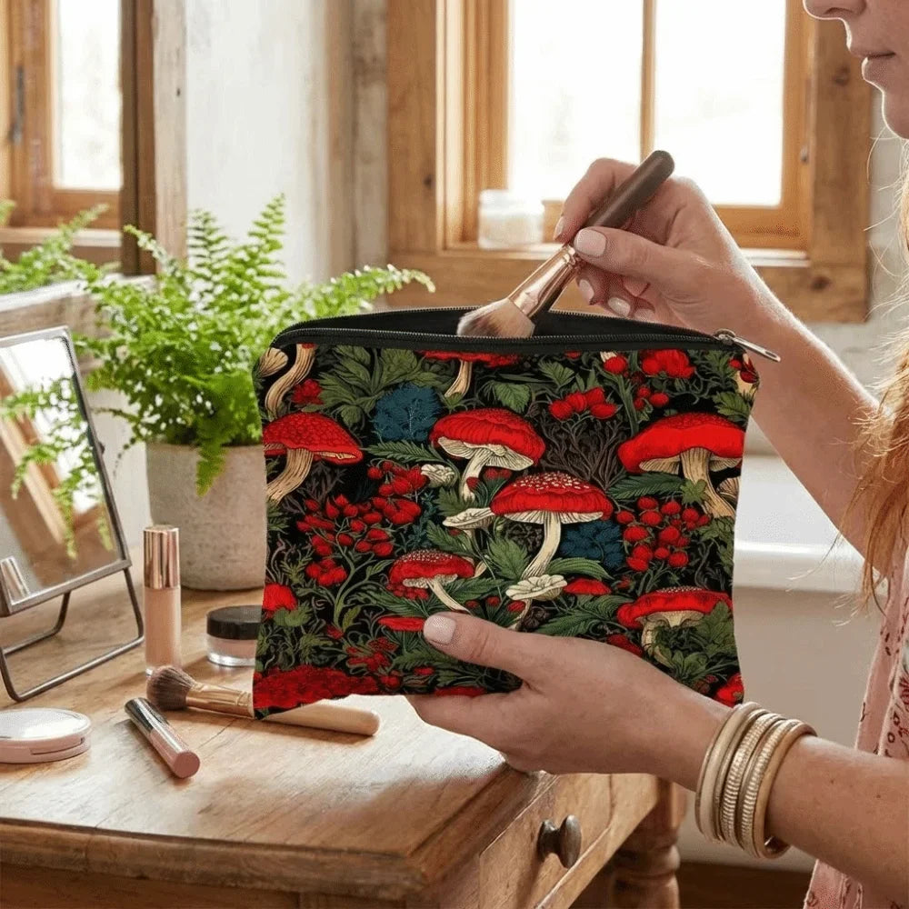 Red Mushroom Makeup Bag – Cute Fabric Cosmetic Pouch & Coin Purse