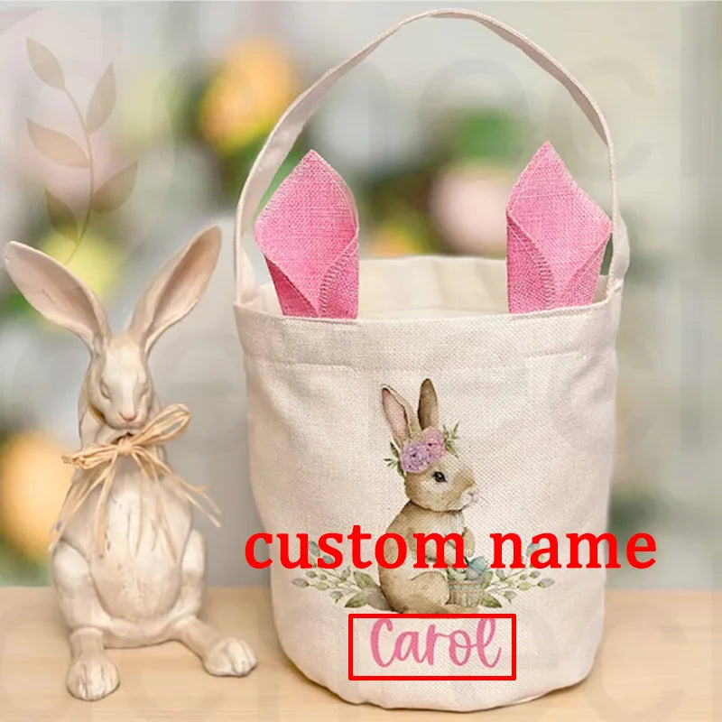 Personalised Easter Egg Hunt Basket | Vintage Bunny Sack Easter Gift Basket Peaceful Pleasures Health and Wellness pink custom name 20x25cm