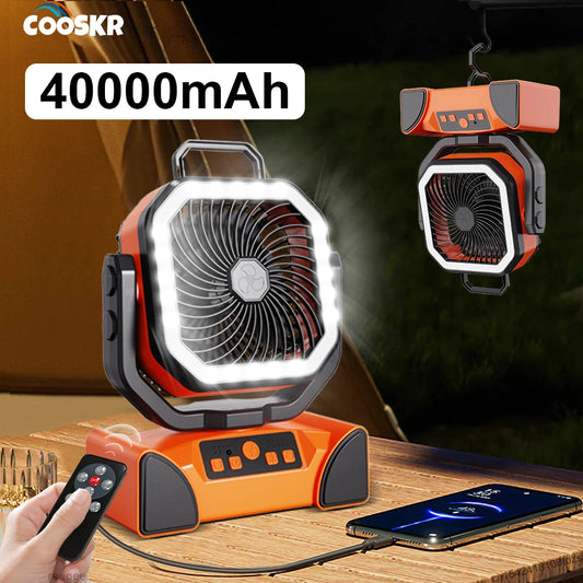 40000mAh Battery Camping Fan Rechargeable Portable Wireless Outdoor Tent Hook Ceiling Fan Air Cooler Desk Fan with Light Remote Peaceful Pleasures Health and Wellness