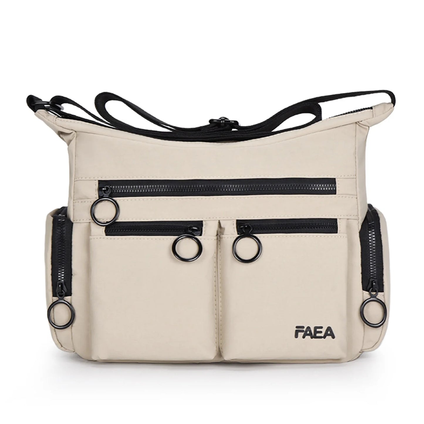 Unisex Multi-Pocket Utility Shoulder Bag Square Design Glossy Material for Casual and Commute Use Peaceful Pleasures Health and Wellness Khaki