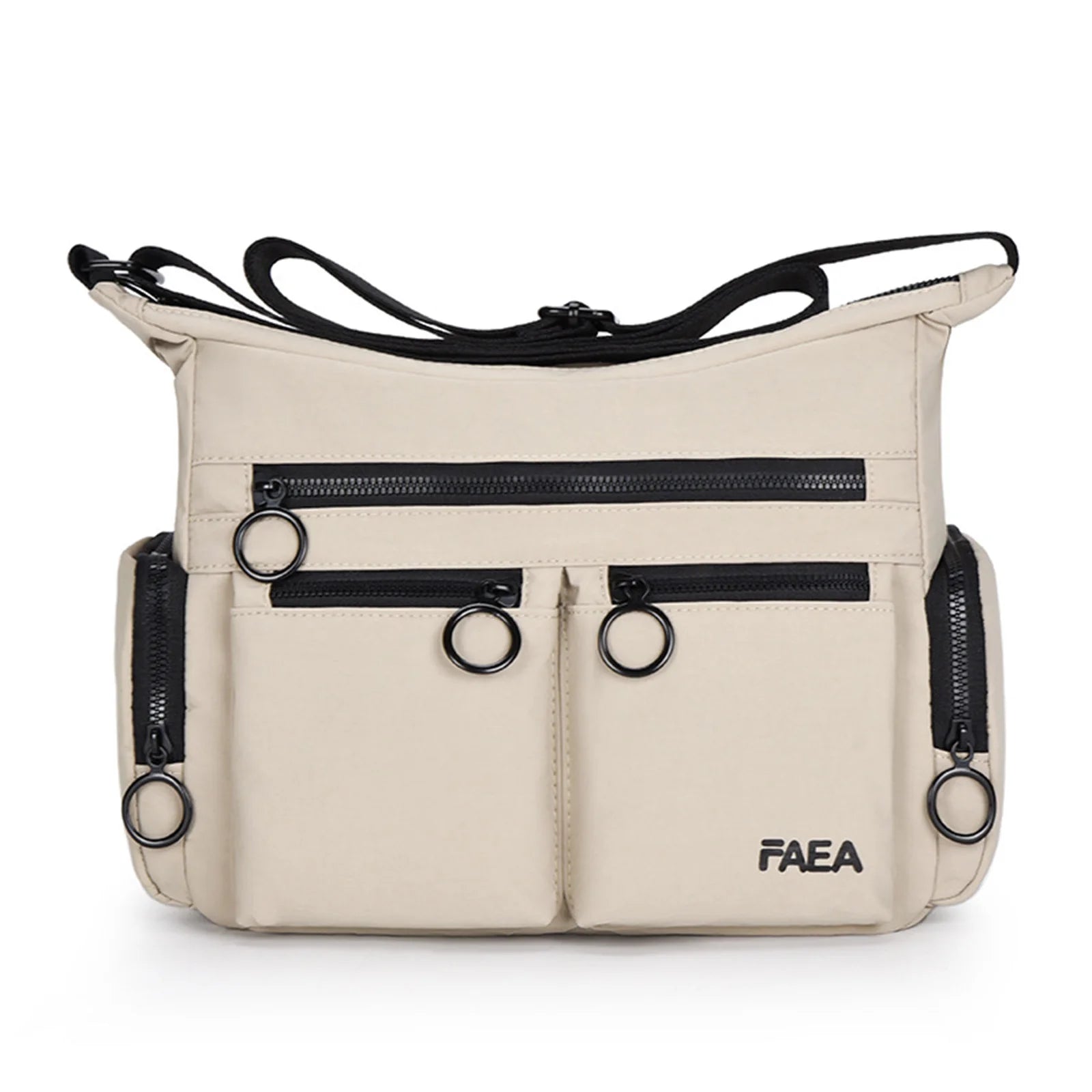 Unisex Multi-Pocket Utility Shoulder Bag Square Design Glossy Material for Casual and Commute Use Peaceful Pleasures Health and Wellness Khaki