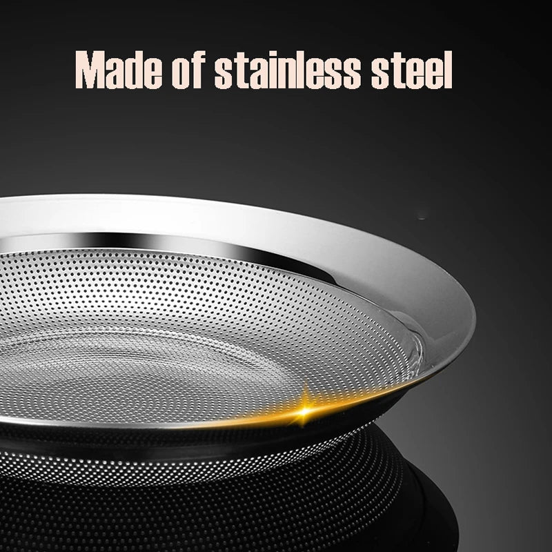 Stainless Steel Large Mesh Strainer With Long Handle Made Of Food Grade 304 Stainless Steel Anti-rust The Heat Resistant Handle Peaceful Pleasures Health and Wellness
