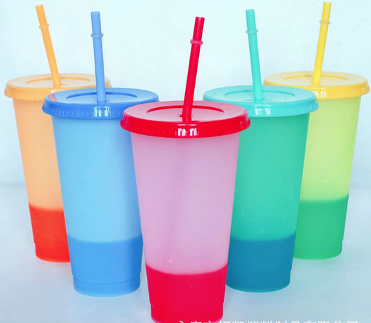 5PCS Plastic Cute Cold Cups with Lids and Straws for Iced Coffee 24 oz Color Changing Reusable for Adults Kid Women Party Peaceful Pleasures Health and Wellness 5 Colors