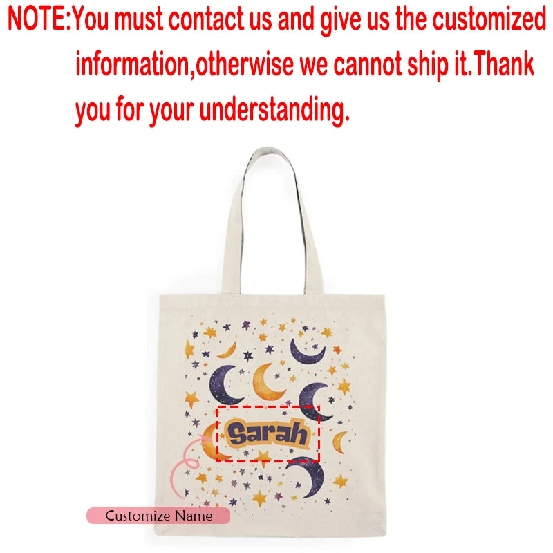 Personalized Eid Canvas Tote Bag | Moon Stars Ramadan Gift Personalized Canvas Tote Peaceful Pleasures Health and Wellness custom name 34x42cm