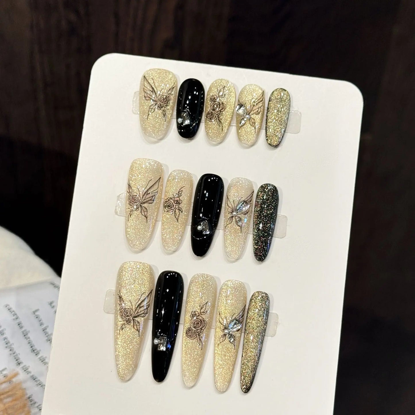 10pcs Handmade Gold Cat Eye Press on Nails Glitter Black Rose Butterfly Design Fake Nails Wearable Ins almond False Nail Tips Peaceful Pleasures Health and Wellness