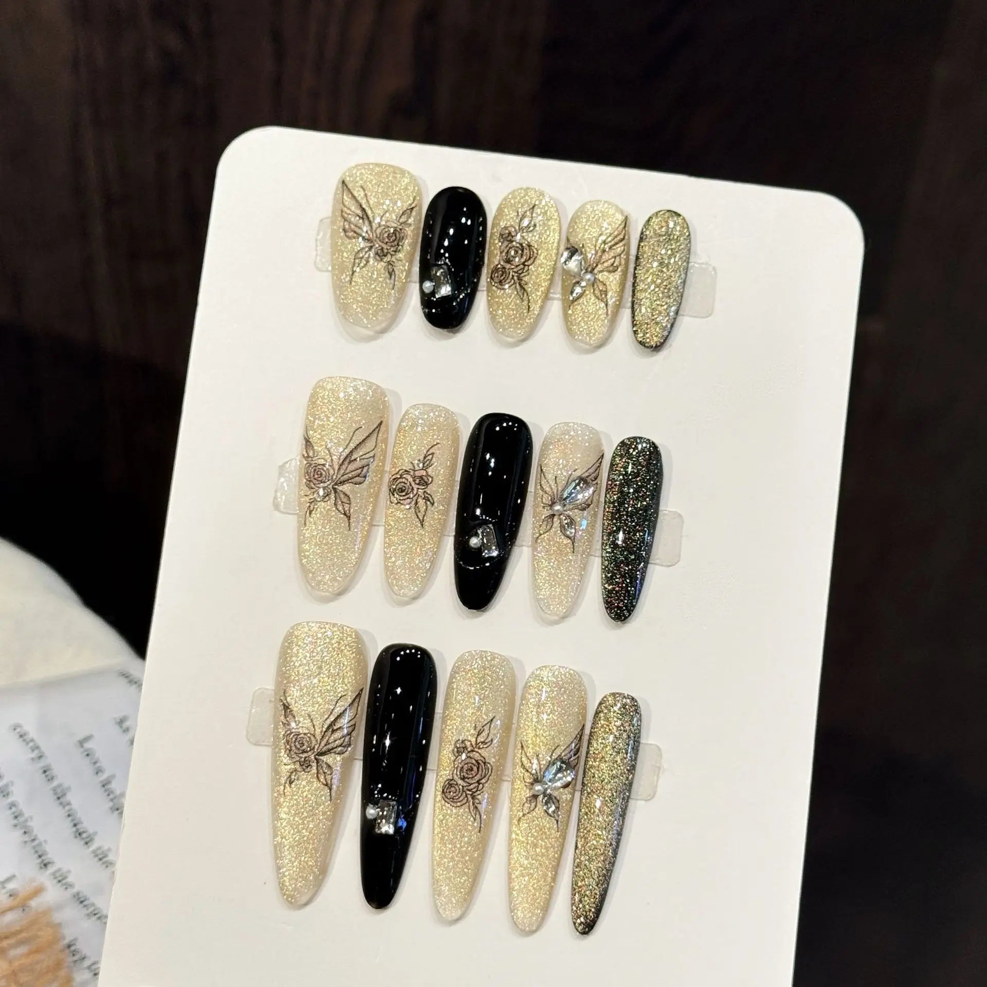 10pcs Handmade Gold Cat Eye Press on Nails Glitter Black Rose Butterfly Design Fake Nails Wearable Ins almond False Nail Tips Peaceful Pleasures Health and Wellness