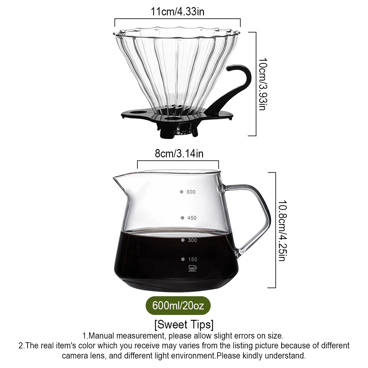 Pour Over Coffee Maker, 20OZ /600ML Glass Carafe Coffee Server with Glass Coffee Dripper, Drip Coffee Maker Set, 1-5 Cups Peaceful Pleasures Health and Wellness