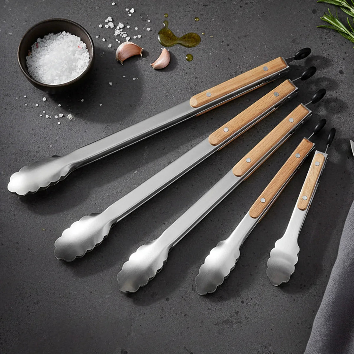 Leeseph Stainless Steel Food Tongs, 7-16 Inch Length, Heavy Duty Kitchen Tongs with Wooden Handle for Cooking, Grilling and BBQ Peaceful Pleasures Health and Wellness