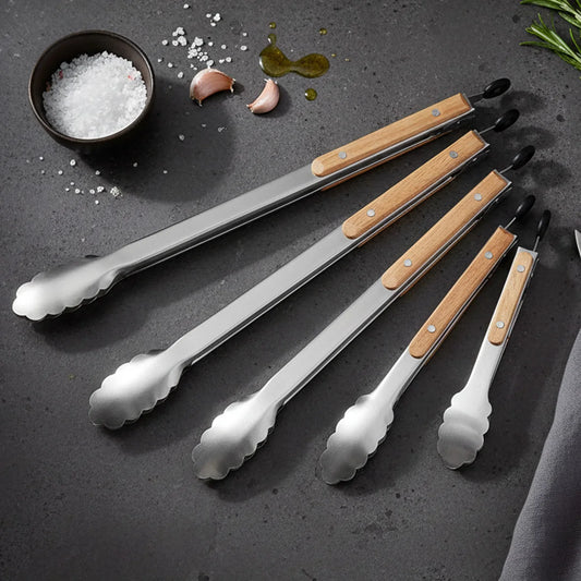 Leeseph Stainless Steel Food Tongs, 7-16 Inch Length, Heavy Duty Kitchen Tongs with Wooden Handle for Cooking, Grilling and BBQ Peaceful Pleasures Health and Wellness