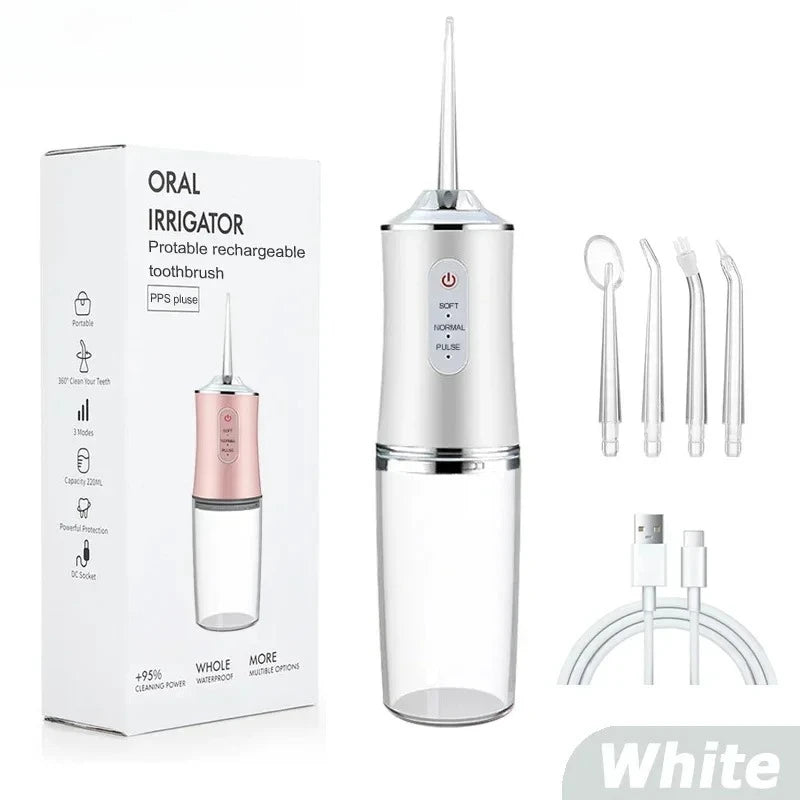 Cordless Dental Water Flosser Electric Oral Irrigator 3 Modes Waterproof Professional Tooth Cleaner Water Drill for Oral Health Peaceful Pleasures Health and Wellness 059-White