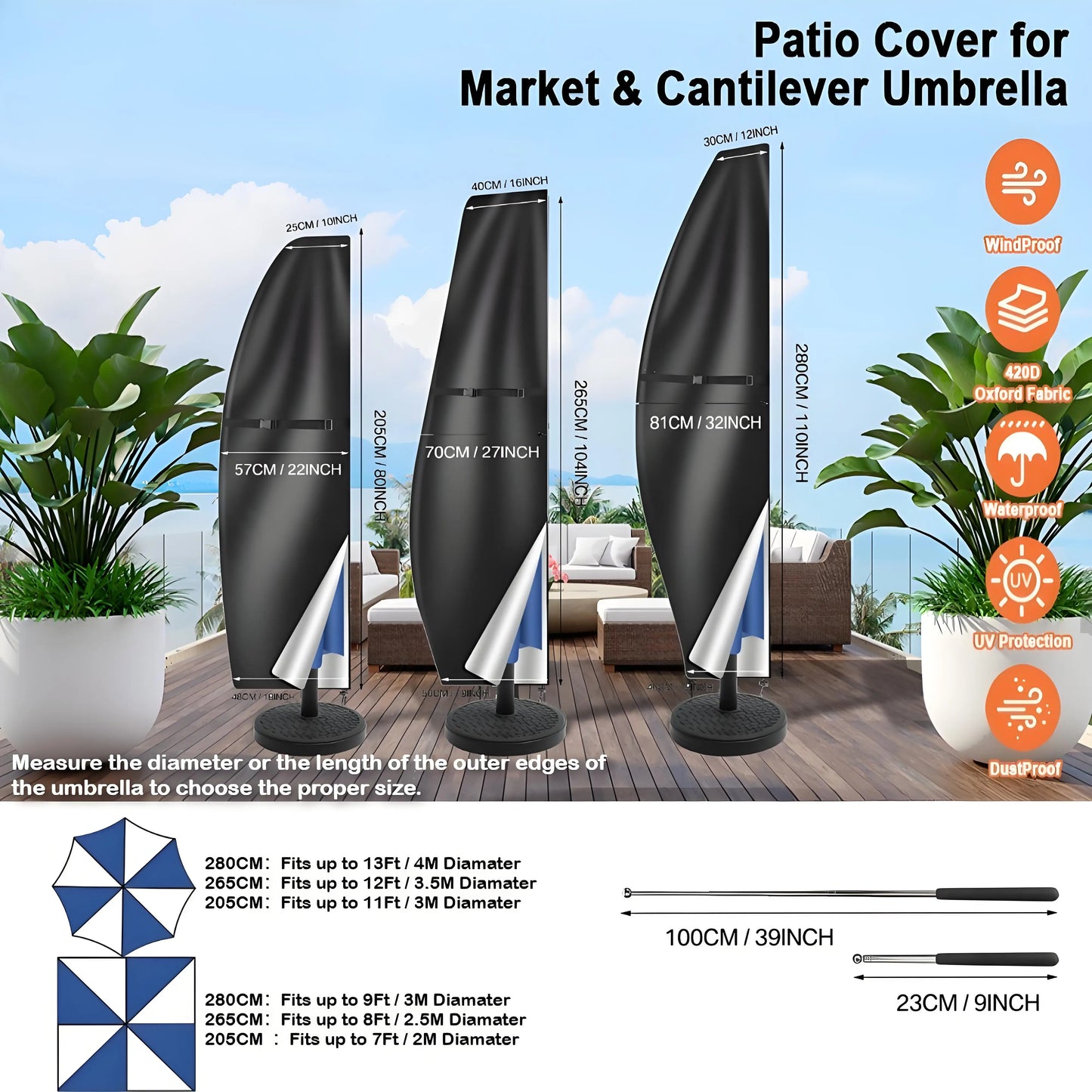 210D Oxford Patio Umbrella Cover – Waterproof & UV-Resistant