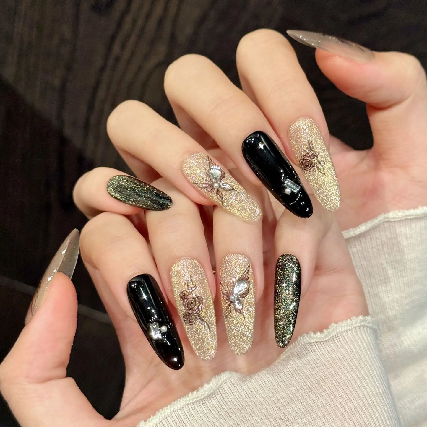10pcs Handmade Gold Cat Eye Press on Nails Glitter Black Rose Butterfly Design Fake Nails Wearable Ins almond False Nail Tips Peaceful Pleasures Health and Wellness XS