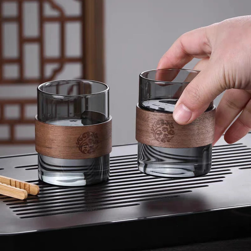 Thickened Glass Tea Cup with Wooden Ring Heat-resistant and Heat-resistant Water Cup Master Cup Household Glass Cup Coffee Cup Peaceful Pleasures Health and Wellness