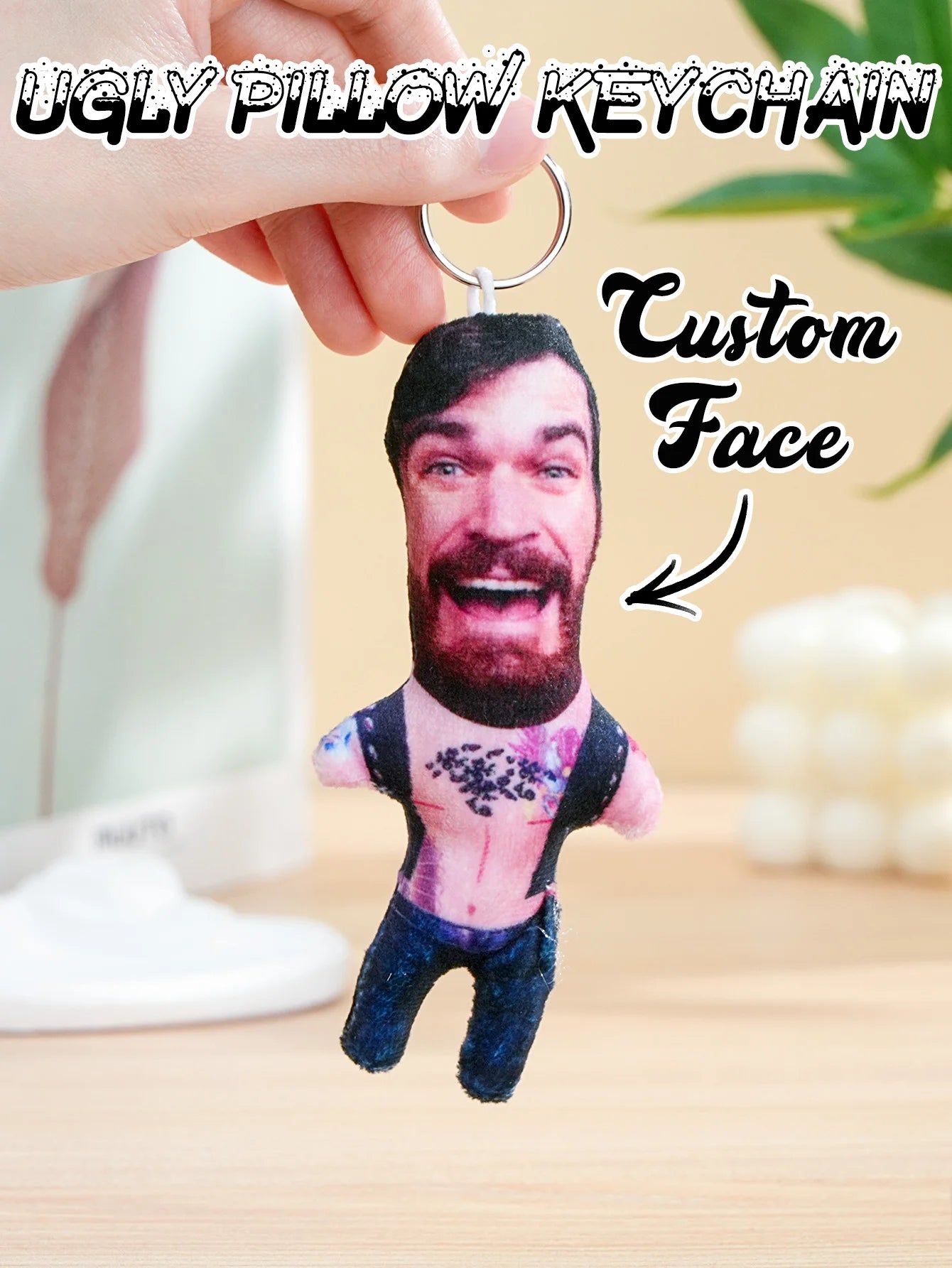 1pc Custom Face Pillow Keychain Funny Ugly Plush Keychain Custom Photo Keyring Gift For Friends Family Boyfriend Girlfriend Peaceful Pleasures Health and Wellness Style 4 6x12cm