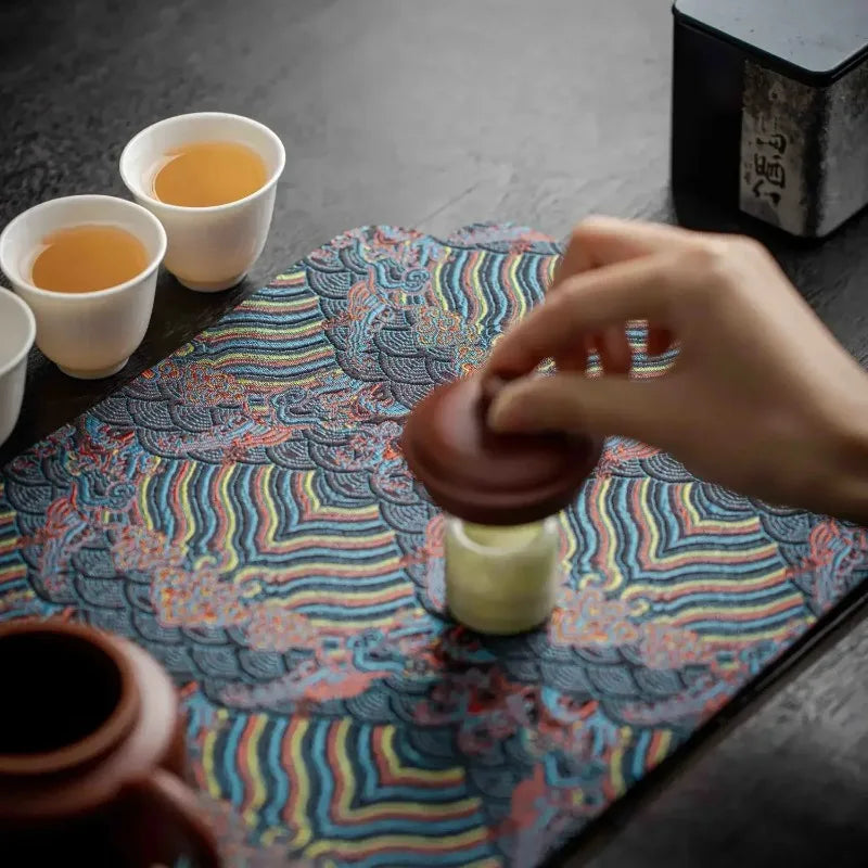 1pc Double Sided Brocade Tea Mat Chinese Zen Style Non Slip Dry Retro Dining Table Decoration Traditional Coaster Peaceful Pleasures Health and Wellness