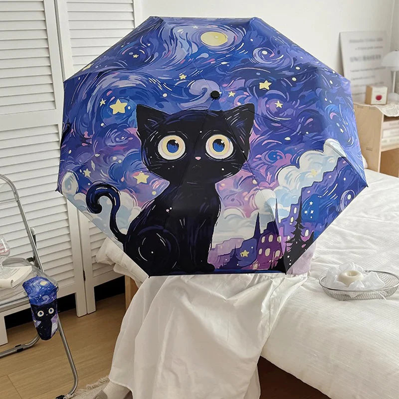 Cartoon Cat Purple Folding UV Umbrella – Auto Open & Close