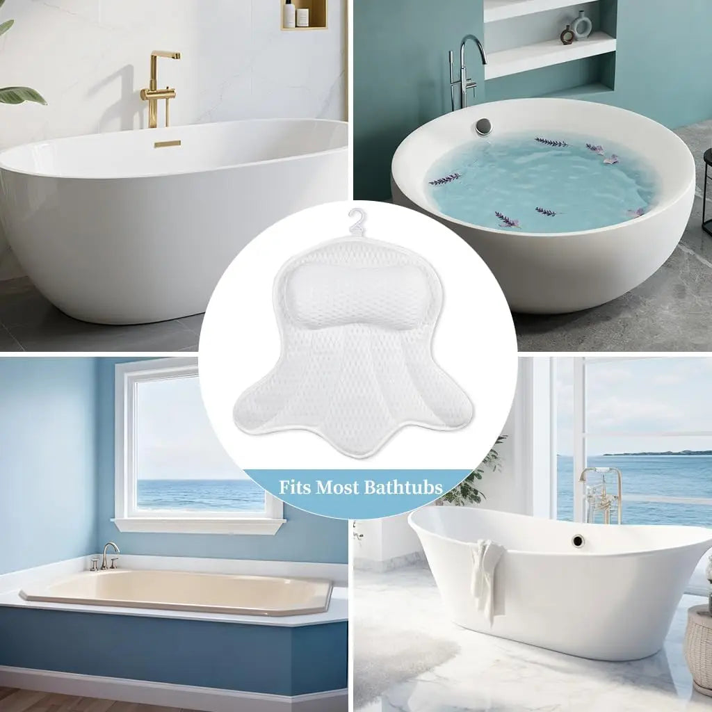 Ergonomic Bathtub Spa Pillow – 4D Air Mesh, 6 Suction Cups, White Peaceful Pleasures Health and Wellness