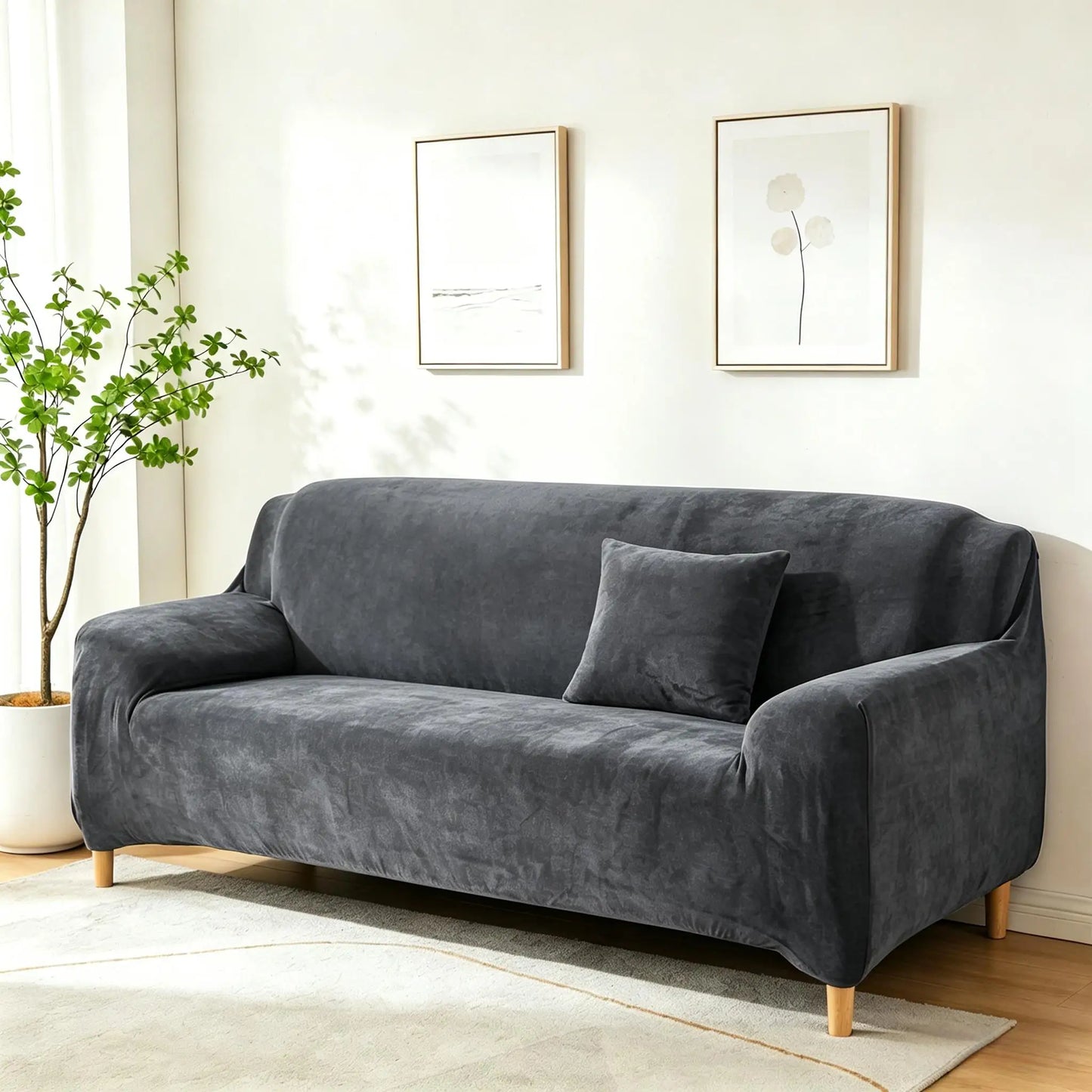New Velvet Plush Stretch Sofa Slipcover Non Slip Soft Couch Loveseat Covers Furniture Protector with Elastic Bottom for Kids Pet Peaceful Pleasures Health and Wellness Dark Grey 4 Seat ( 225-290cm)