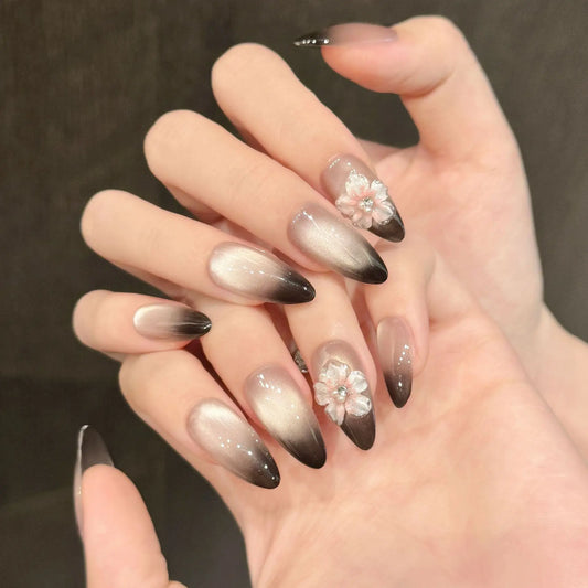 10pcs Handmade Almond Press on Nails Gradient Black Cat Eye Fake Nails Wearable Reusable 3D Carved Flower Design False Nail Tips Peaceful Pleasures Health and Wellness