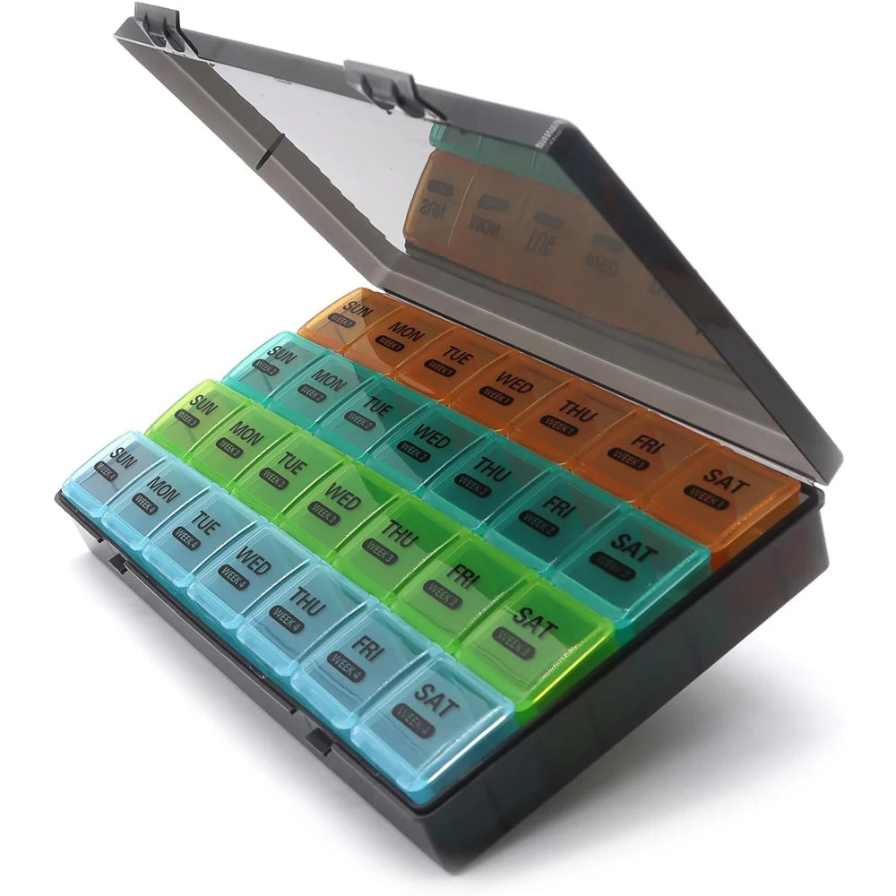Monthly Pill Organizer 1 Time a Day,Extra Large 4 Weeks Pill Box Once a Day,28 Days Pill Container 1 Per Day,Weekly Vitamin Case Peaceful Pleasures Health and Wellness Grey