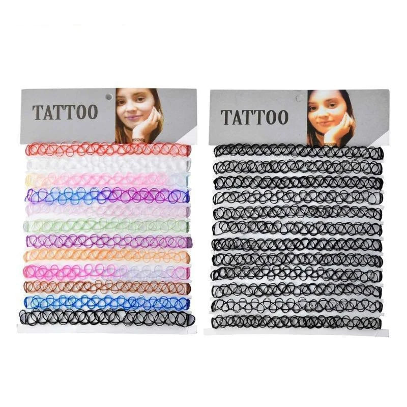 12-Pack Vintage Hippie Stretch Tattoo Choker Necklace Set