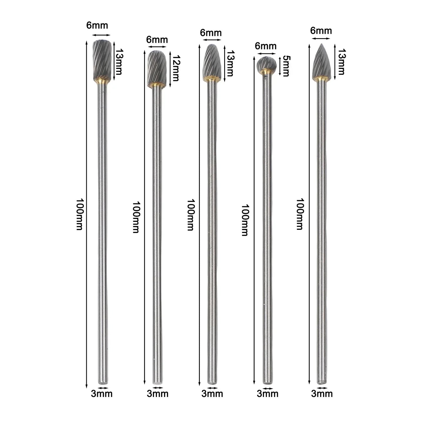 5pc Solid Carbide Rotary Burr Set – 3mm Shank Single Cut 100mm