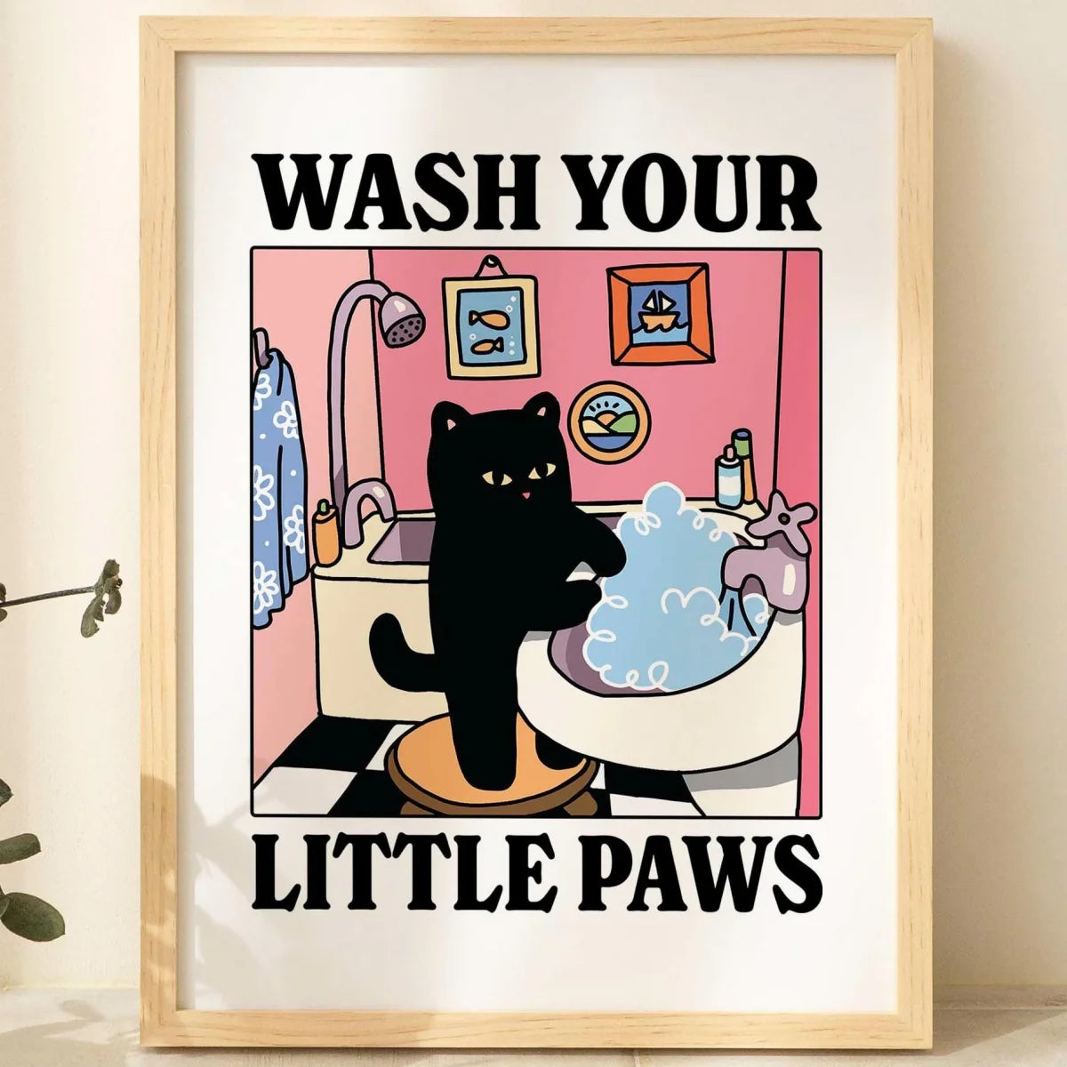 Funny Cat "Wash Your Paws" Canvas Wall Art | Bathroom Decor