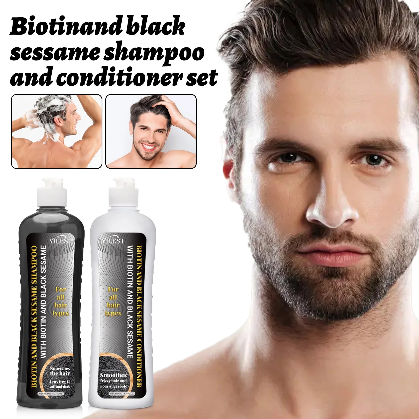 Biotin & Black Sesame Shampoo Conditioner Set Hair Repair Treatment Nourishing & Strengthening 450ml x 2 for All Hair Types Peaceful Pleasures Health and Wellness