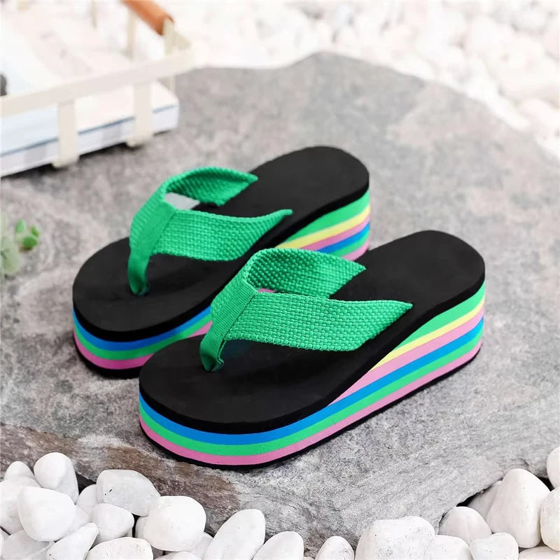 Women's Rainbow Bohemian Wedge Flip Flops | Non-Slip Beach Sandals