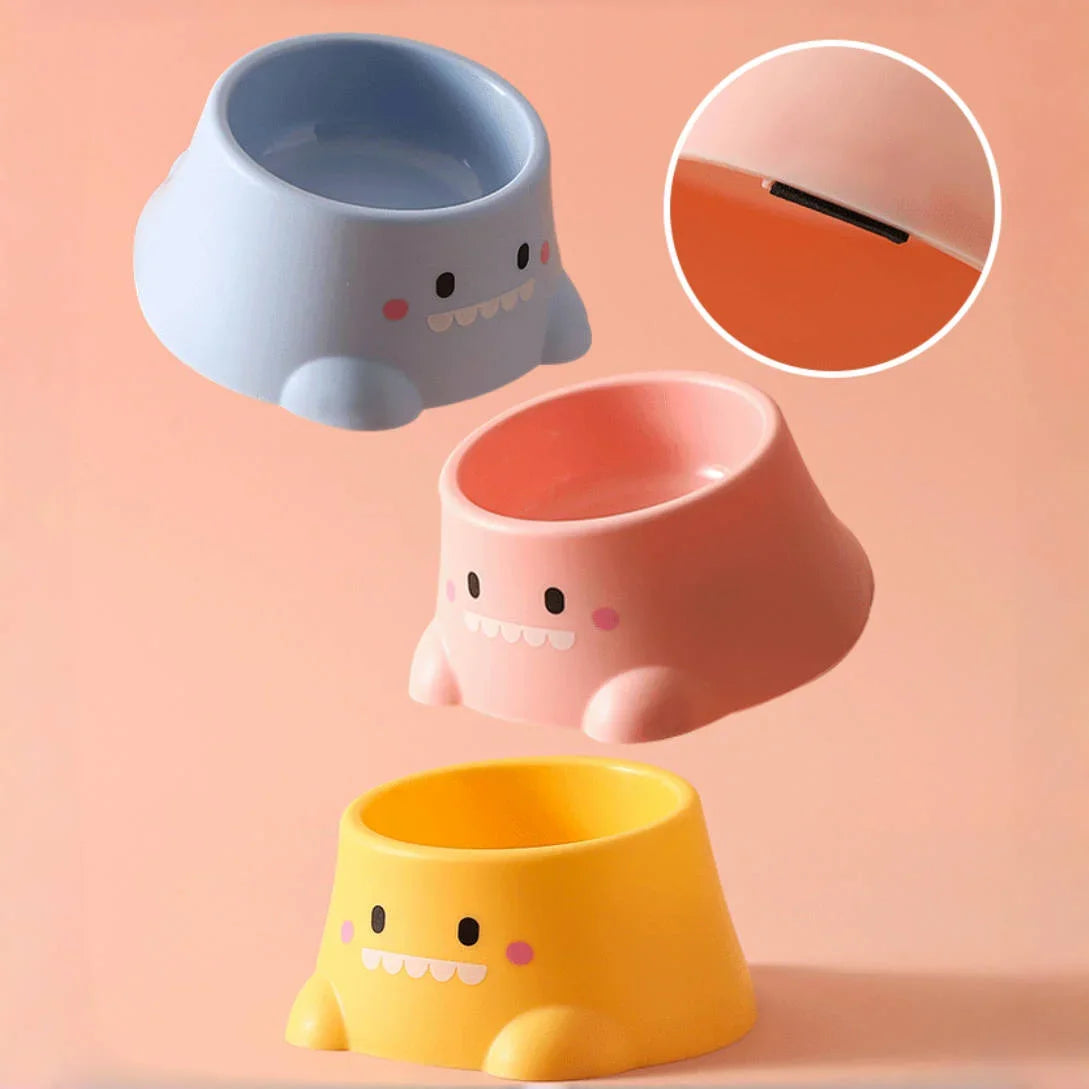 Cartoon Dinosaur Elevated Tilted Pet Bowl | Stainless Steel