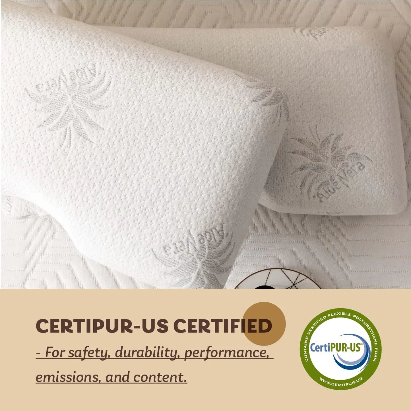 Two textured pillows with Aloe Vera branding on a neutral background, featuring Certipur-US certification text and logo.
