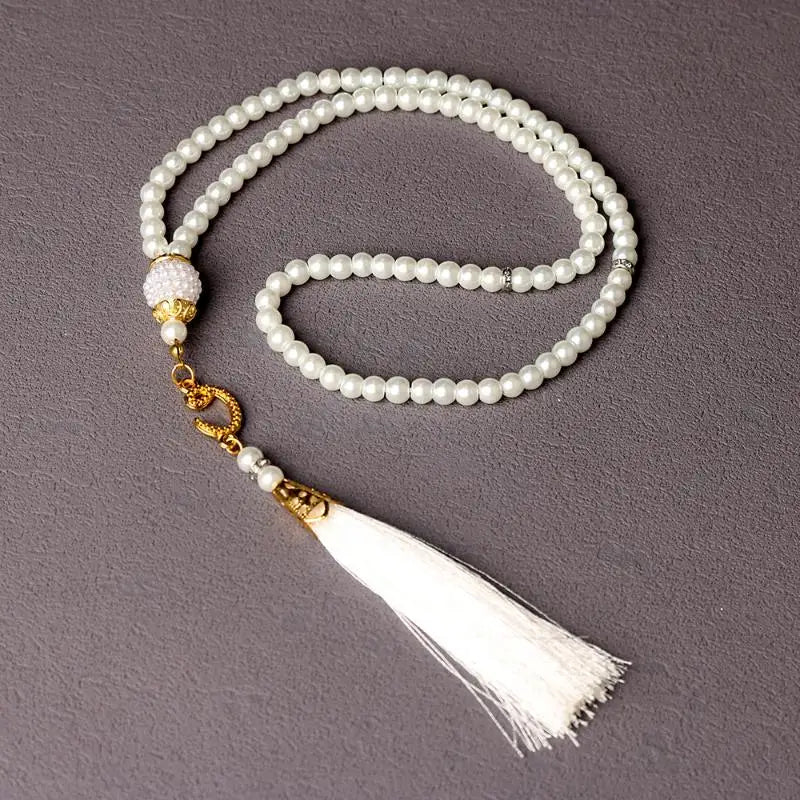 Islamic Prayer Beads 99Pcs 6MM Glass Pearls Rosary Necklace with Tassel for Muslim Spiritual Practice and Gifts Peaceful Pleasures Health and Wellness White