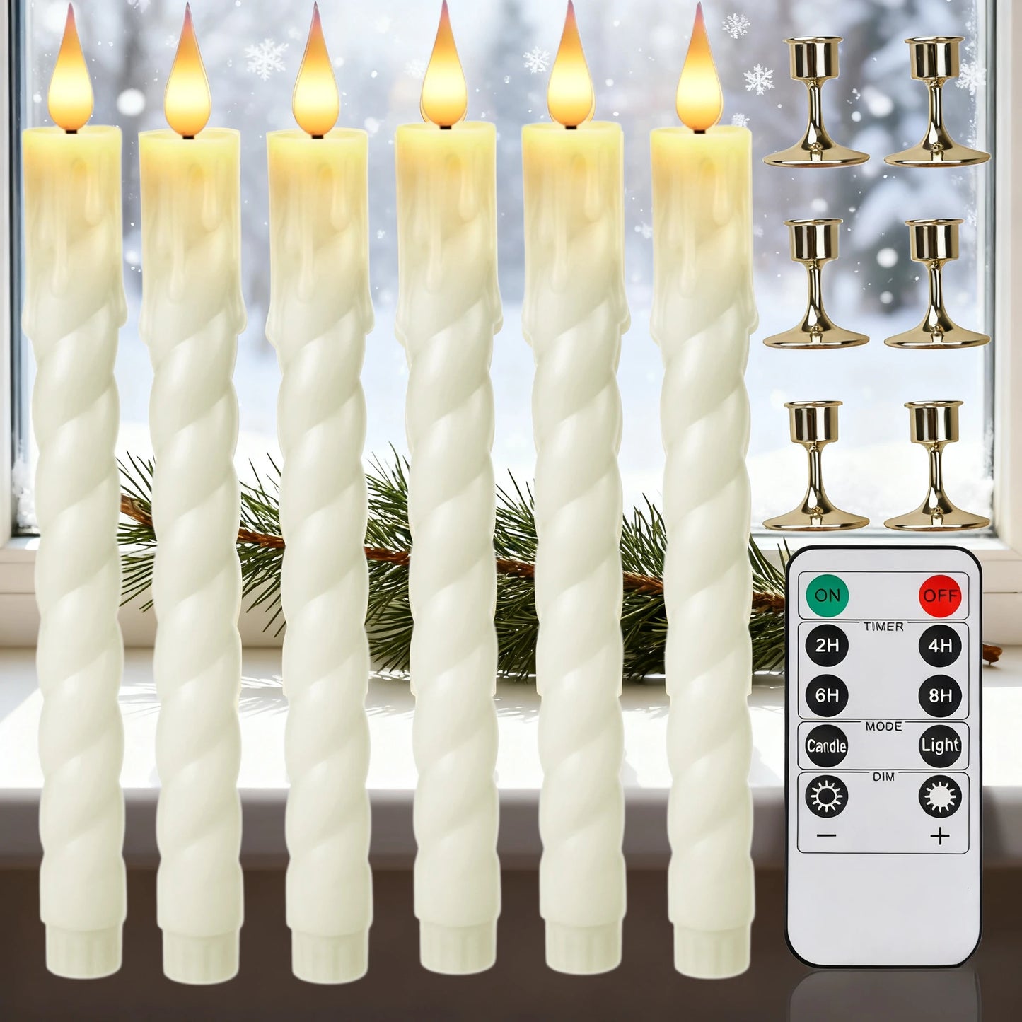 6Pack LED Flameless Taper Candles Lights 3D Wick Battery Christmas Simulation Candles Window Candles Long Electric Candles Lamp Peaceful Pleasures Health and Wellness 250MM 2 6 Pcs