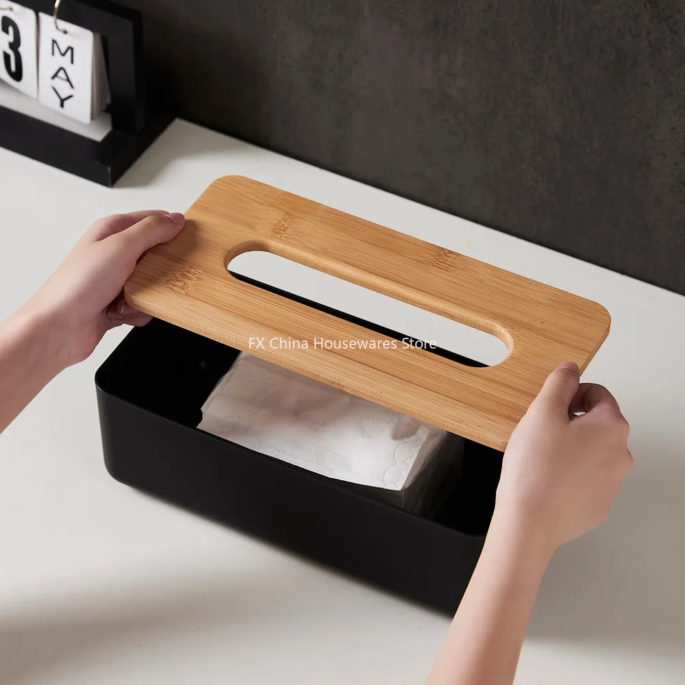 Bamboo Lid Plastic Tissue Box Organizer Rectangular Paper Towel Holder for Living Room Bathroom Kitchen Storage Peaceful Pleasures Health and Wellness