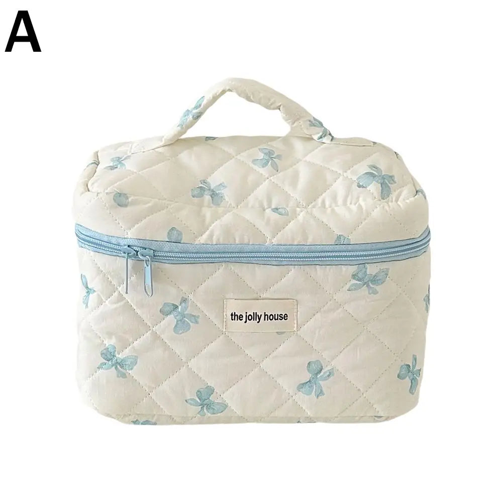 Quilted Makeup Bag 3 Sizes Floral Toiletry Cosmetic Pouch Makeup Organizer Travel Floral Bag for Bridesmaid Gifts, Daily Use Peaceful Pleasures Health and Wellness blue-L