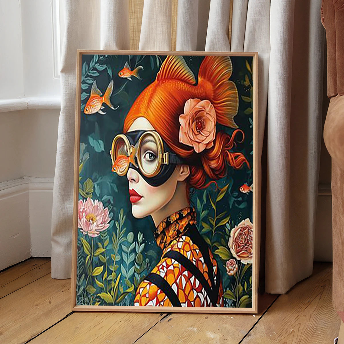 Cartoon Childlike Girl Wearing Glasses in Water Illustration Wall Art Canvas Painting Poster for Living Room Home Decor Trends Peaceful Pleasures Health and Wellness