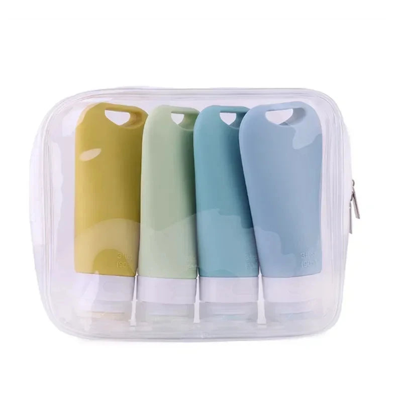 4Pcs Hangable Silicone Travel Dispenser Bottle Set Cosmetics Shampoo Shower Gel Face Wash Hand Soap Durable Peaceful Pleasures Health and Wellness