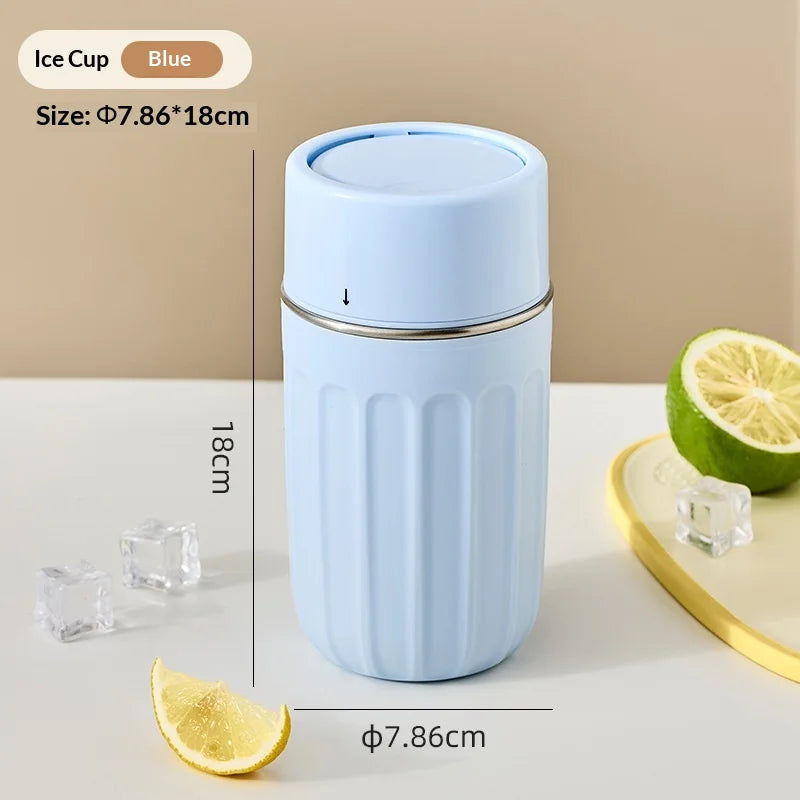 Durable Portable Ice Cube Water Bottle Touch-free Stainless Steel Ice Maker Kettle Detachable Reusable Ice Mold Hot Peaceful Pleasures Health and Wellness blue