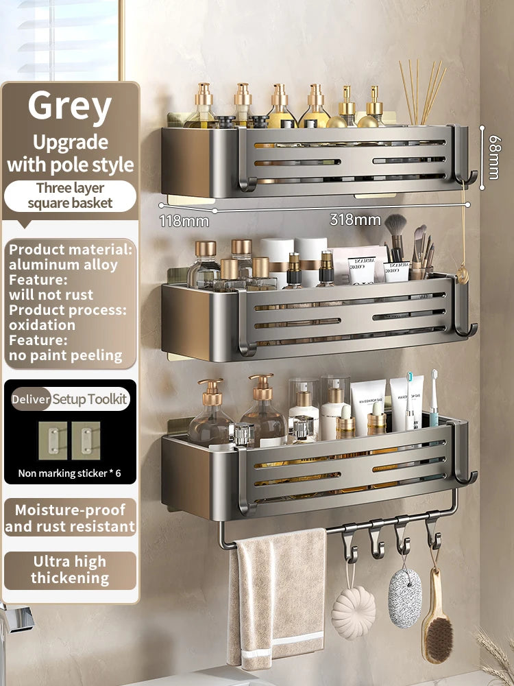 No-Drill Adhesive Bathroom Shelf & Towel Rack | Metal Wall Mount