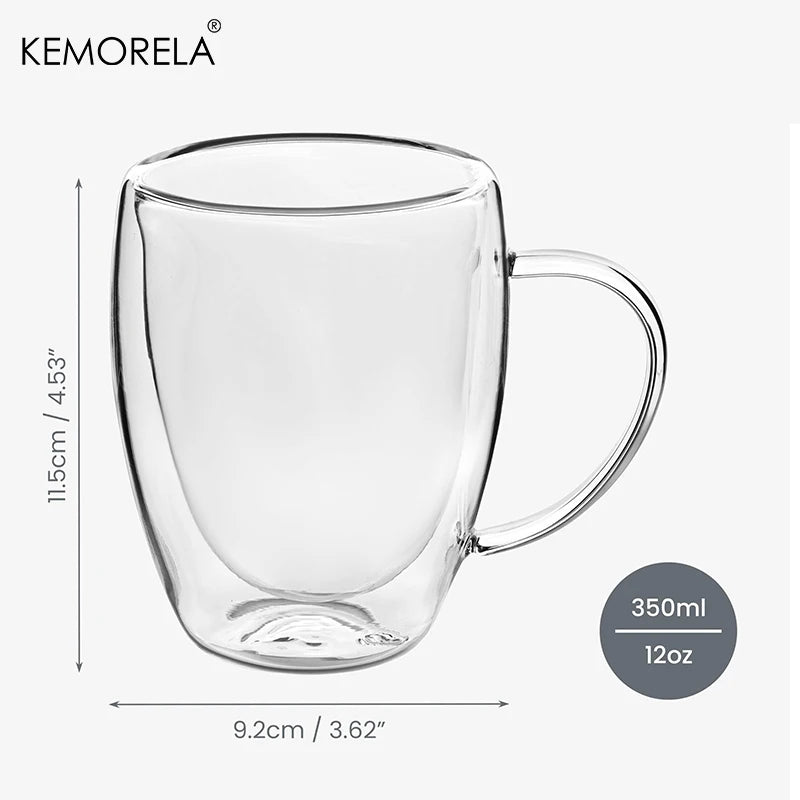 KEMORELA 350ml Double Wall Glass Coffee Mugs with Handle | 2/4/6 Pack
