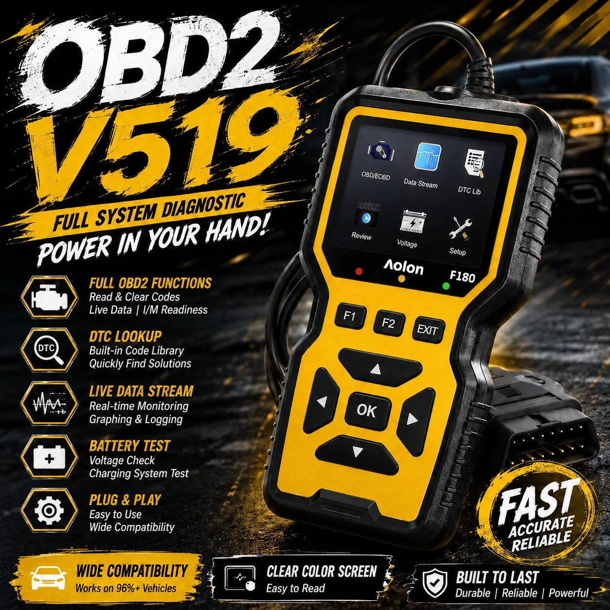 V519 Obdii Eobd Car Diagnostic Scanner Fault Code Eraser with I/M Readiness and Battery Testing Function（Yellow） Peaceful Pleasures Health and Wellness Default Title