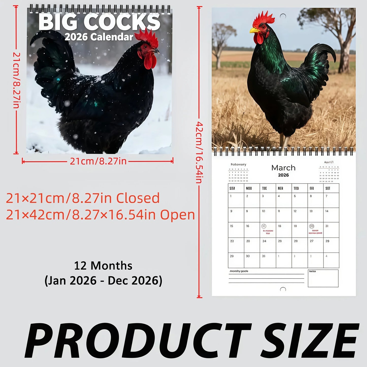 2026 Year Fun Rooster Calendar, Thick Spiral Bound Edition, Perfect for Daily Planning & Organizing, High-Quality Paper Material Peaceful Pleasures Health and Wellness