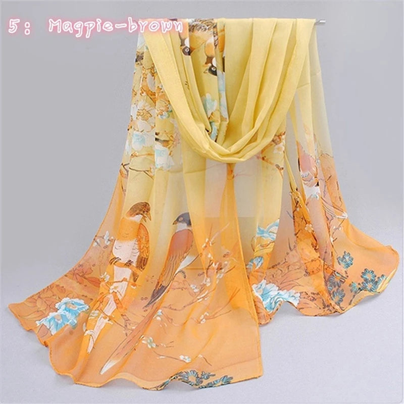 Women Chiffon Scarf Fashion Leisure Butterflies Branch Pattern Long Shawl Versatile Elegant Minimalist Retro Female Scarves Peaceful Pleasures Health and Wellness Magpie Light coffee One Size