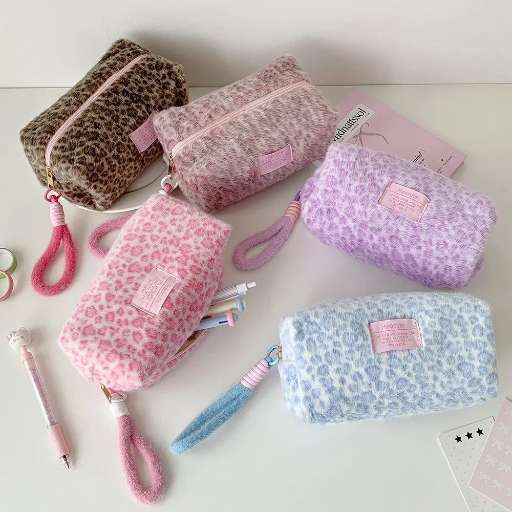 Plush Leopard Print Makeup Bag Student Portable Stationery Pencil